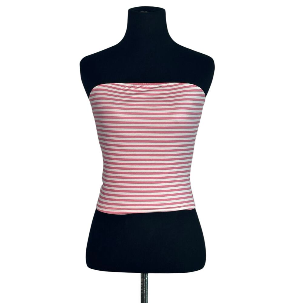 Pink white striped bandeau strapless crop top size XS